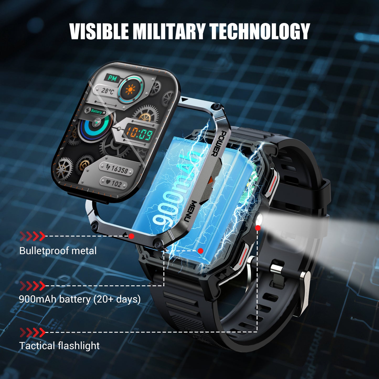 IOWODO W70PRO Titanium Military Smartwatch: 2.01" Screen, 900mAh Battery (100 Days), Bluetooth Calls, Flashlight/Compass, IP68, 123 Sports Modes,Black
