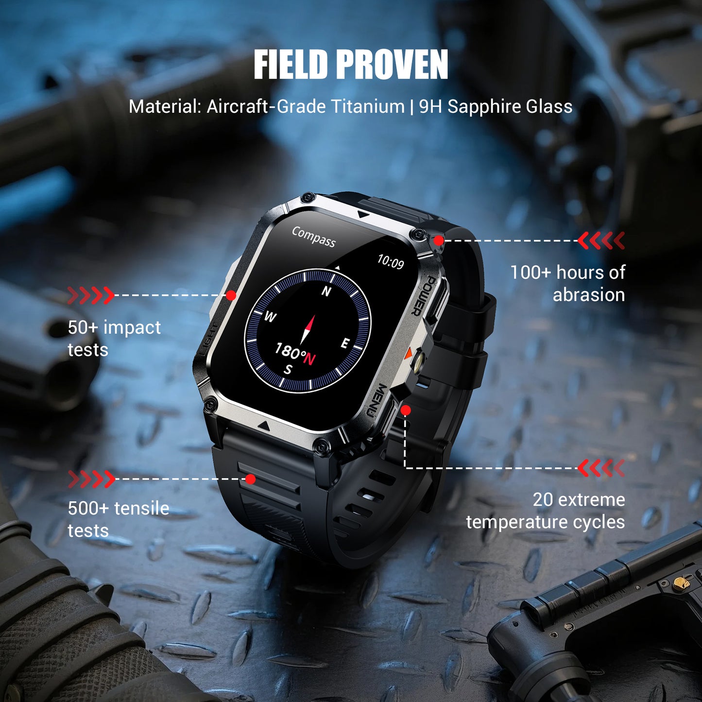 IOWODO W70PRO Titanium Military Smartwatch: 2.01" Screen, 900mAh Battery (100 Days), Bluetooth Calls, Flashlight/Compass, IP68, 123 Sports Modes,Black