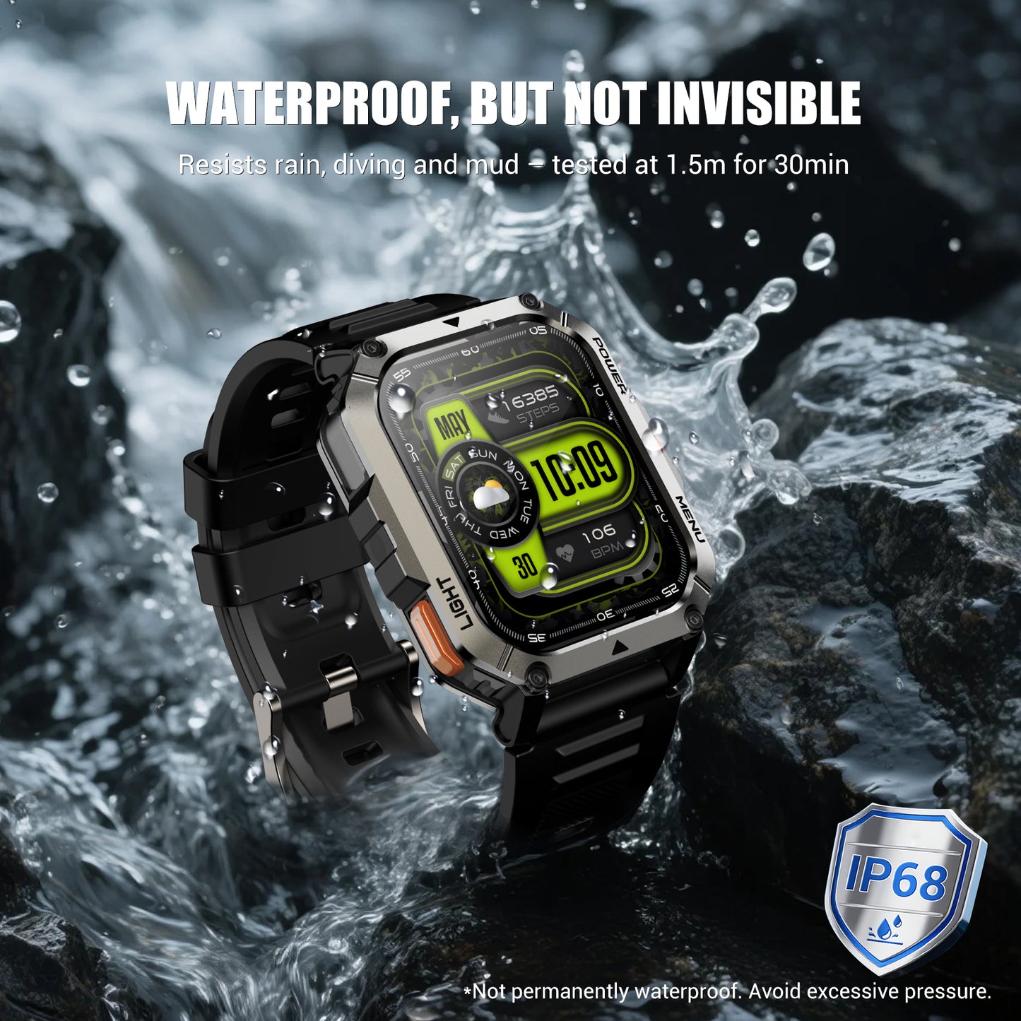 IOWODO W70PRO Titanium Military Smartwatch: 2.01" Screen, 900mAh Battery (100 Days), Bluetooth Calls, Flashlight/Compass, IP68, 123 Sports Modes,Black