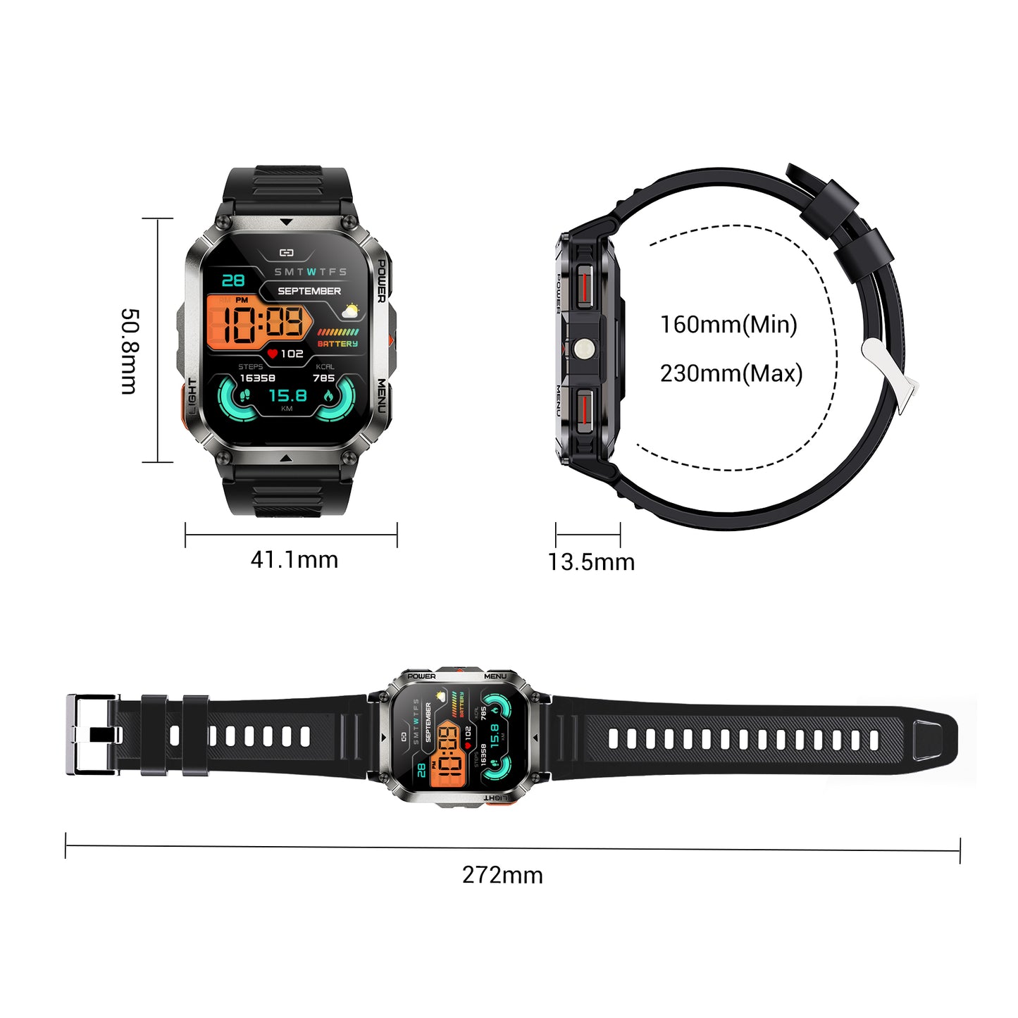 IOWODO W70PRO Titanium Military Smartwatch: 2.01" Screen, 900mAh Battery (100 Days), Bluetooth Calls, Flashlight/Compass, IP68, 123 Sports Modes,Black