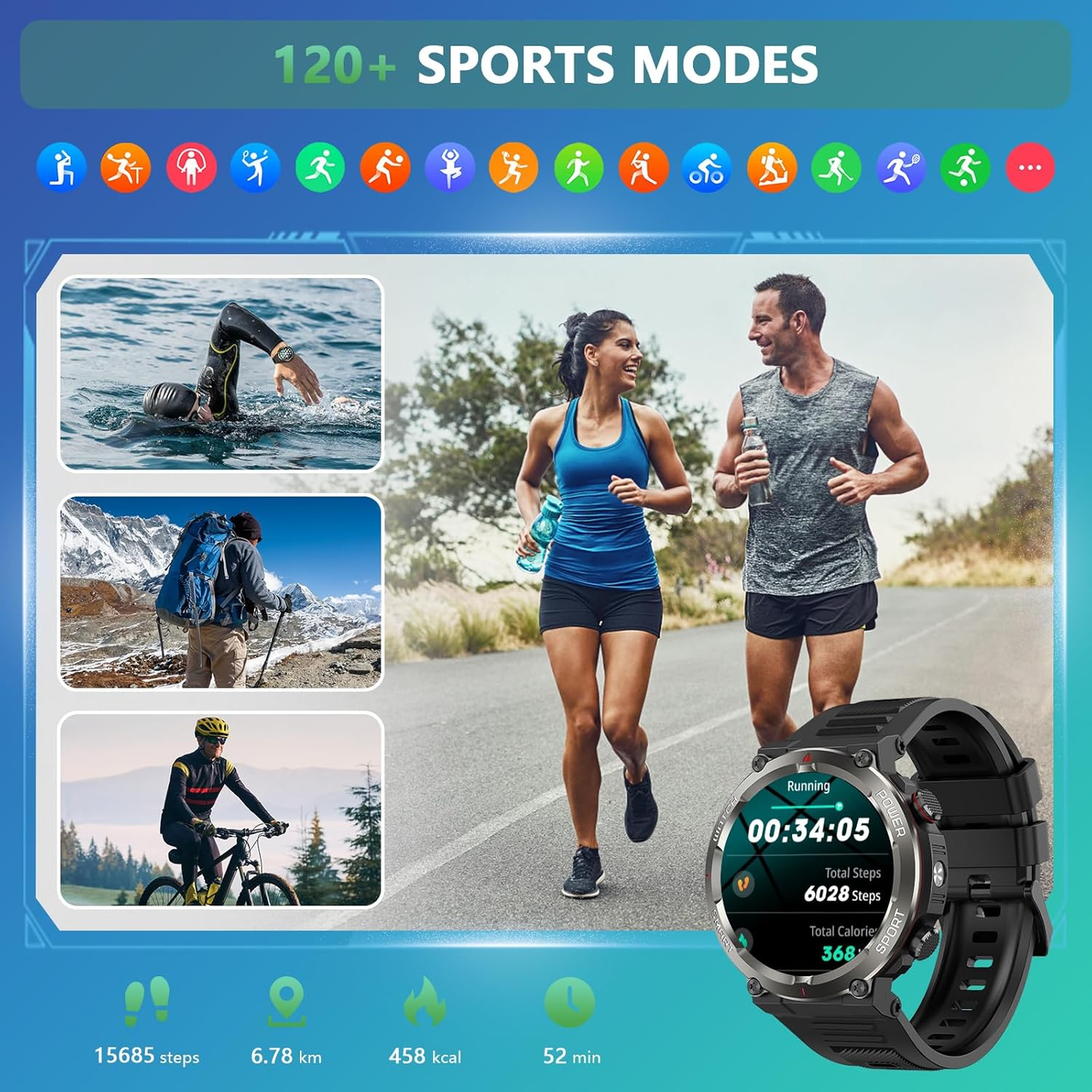 Baolubao Military Smart Watch for Men, 100 Days Battery/Led Flashlight/Compass/2 Straps/IP68 Waterproof Smart Watches for Men, Tactical Smart Watch Outdoor, Answer/Make Calls Fitness Tracker for iPhone/Android