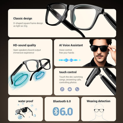 IOWODO Bluetooth Sunglasses for Men and Women, Smart Audio Glasses with Open-Ear Speakers, Built-in Mic, Hands-Free Calls, Music, Touch Control, Voice Assistant, Polarized UV400 Black