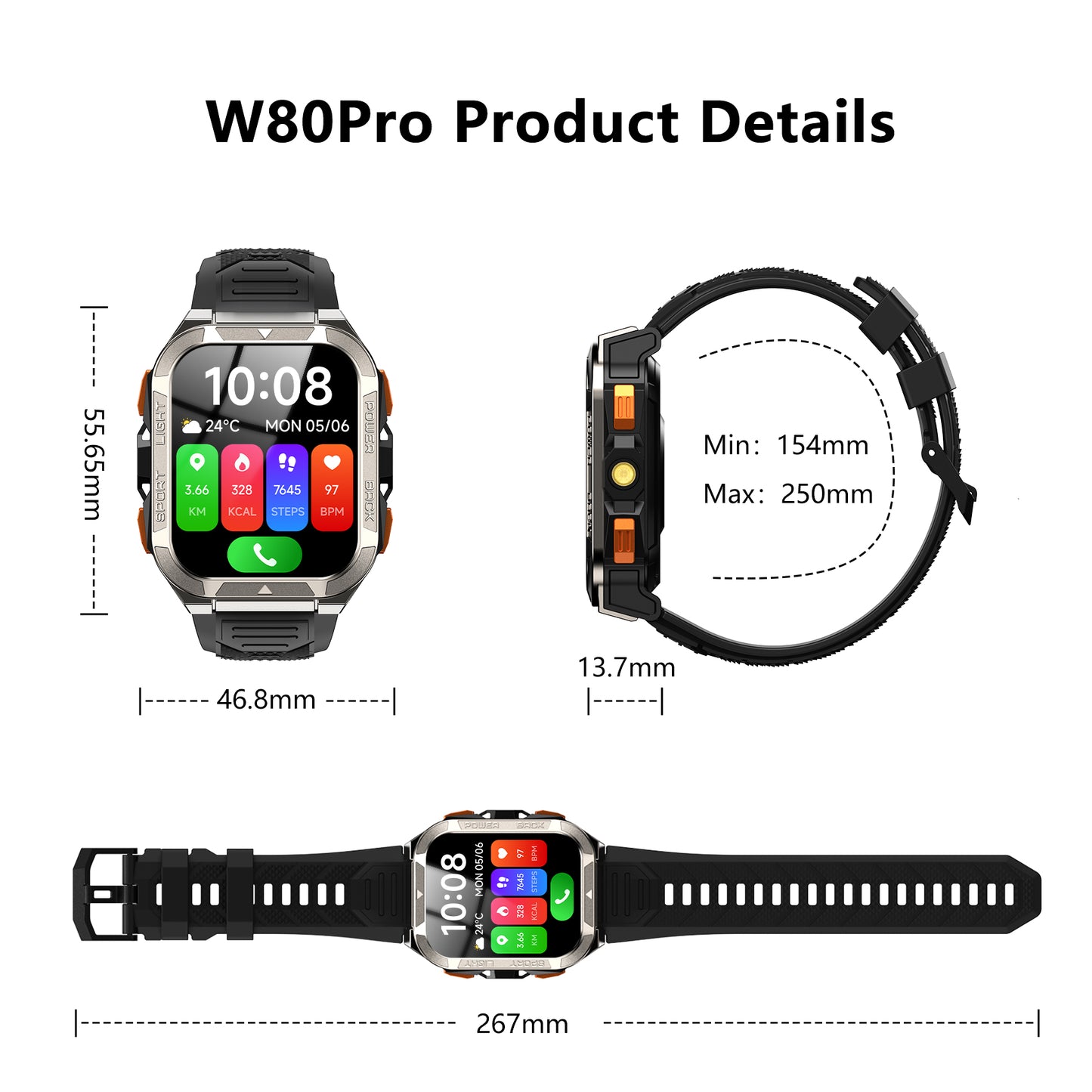 IOWODO W80Pro Outdoor Smartwatch, Black