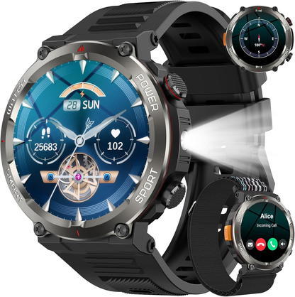 Baolubao Military Smart Watch for Men, 100 Days Battery/Led Flashlight/Compass/2 Straps/IP68 Waterproof Smart Watches for Men,  Tactical Smart Watch Outdoor, Answer/Make Calls Fitness Tracker for iPhone/Android