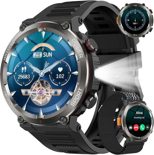 Baolubao Military Smart Watch for Men, 100 Days Battery/Led Flashlight/Compass/2 Straps/IP68 Waterproof Smart Watches for Men,  Tactical Smart Watch Outdoor, Answer/Make Calls Fitness Tracker for iPhone/Android