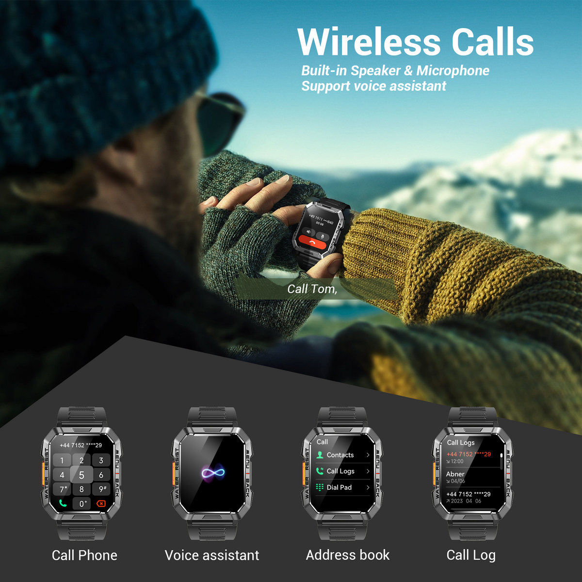 IOWODO Rugged Smart Watch for Men, 2.01" HD Display Bluetooth Calling Smartwatch with 900mAh Battery, Flashlight, Compass, 100+ Sports Modes, Metal Design Watch for Android iPhone