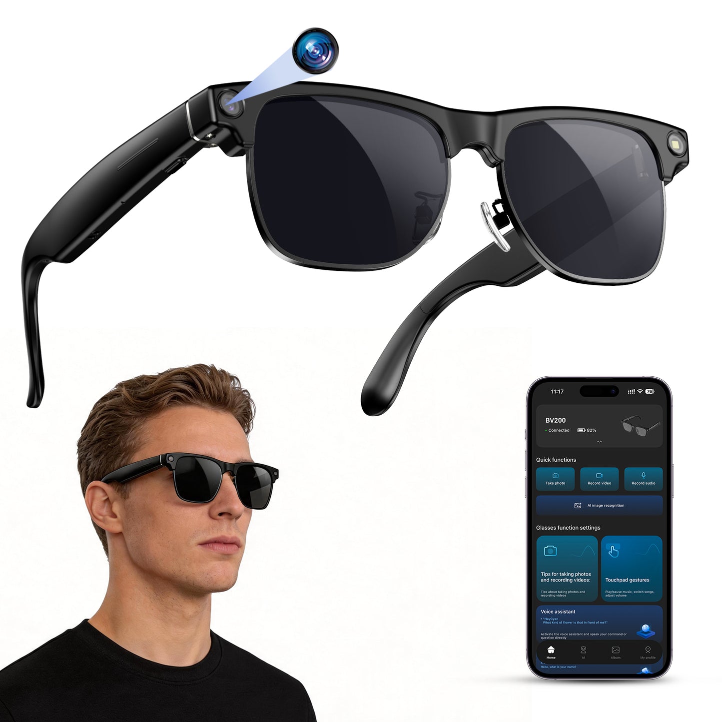 IOWODO AI Smart Glasses with 1080P Camera, Polarized Sunglasses Lenses for Real-Time Translation, AI Voice Assistant & Video Recording, ChatGPT Compatible, Unisex HD Wearable Tech (Sunglasses)