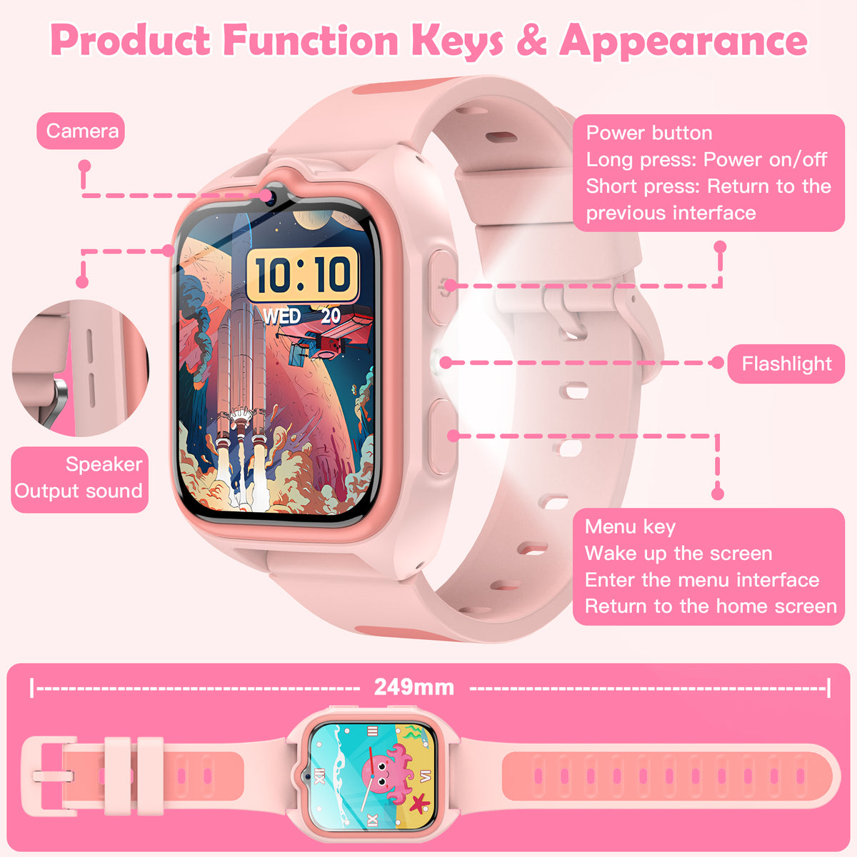 IOWODO Kids Smart Watch, 1.75" Touch Screen Watch with 32 Games, Camera, Music Player, Pedometer, Parental Controls, IP68 Waterproof, No App No Phone Needed,Pink