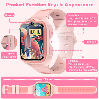 IOWODO Kids Smart Watch, 1.75" Touch Screen Watch with 32 Games, Camera, Music Player, Pedometer, Parental Controls, IP68 Waterproof, No App No Phone Needed,Pink