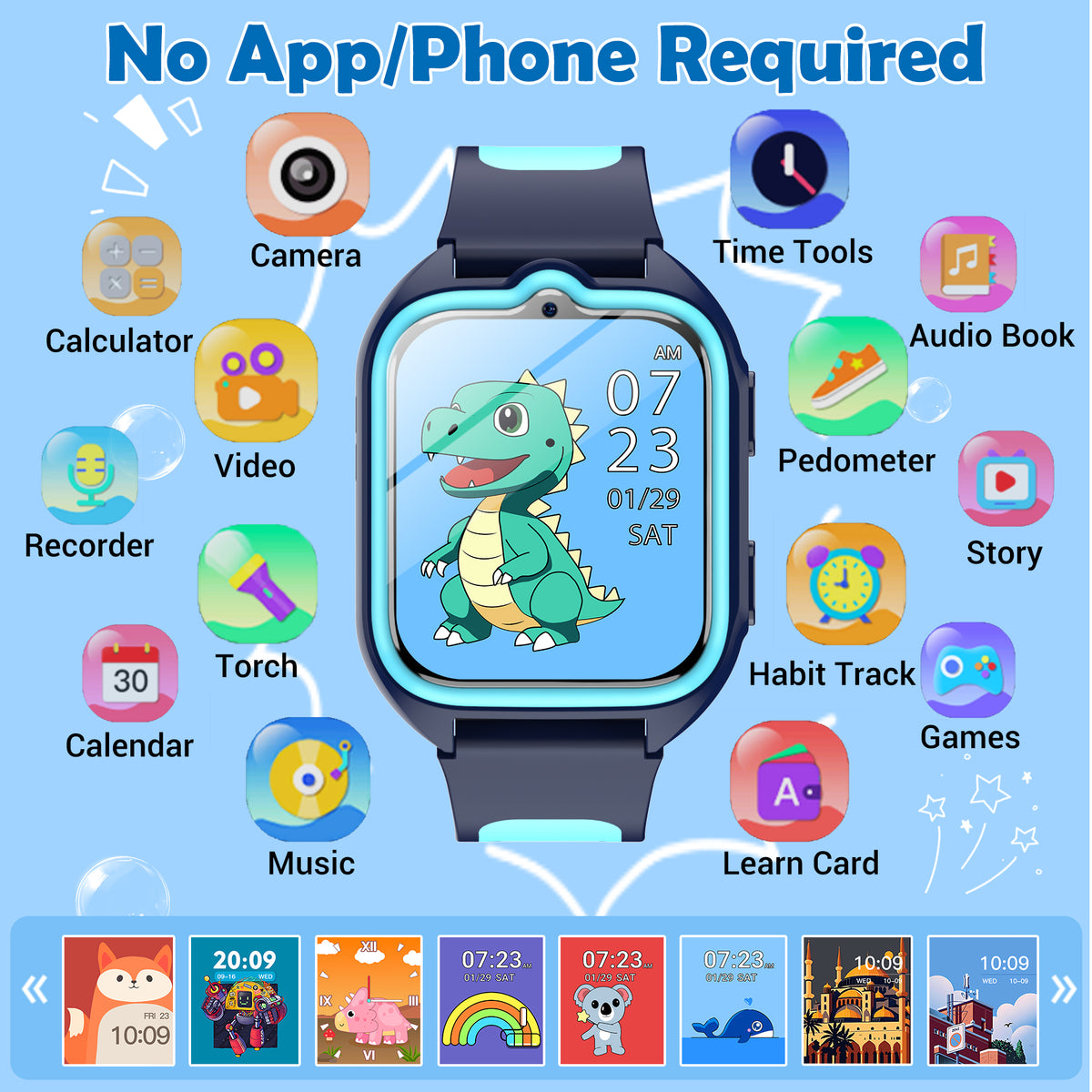 IOWODO Kids Smart Watch,1.75" Touch Screen Watch with 32 Games, Camera, Music Player, Pedometer, Parental Controls, IP68 Waterproof, No App No Phone Needed, Blue