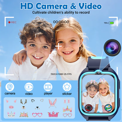 IOWODO Kids Smart Watch,1.75" Touch Screen Watch with 32 Games, Camera, Music Player, Pedometer, Parental Controls, IP68 Waterproof, No App No Phone Needed, Blue