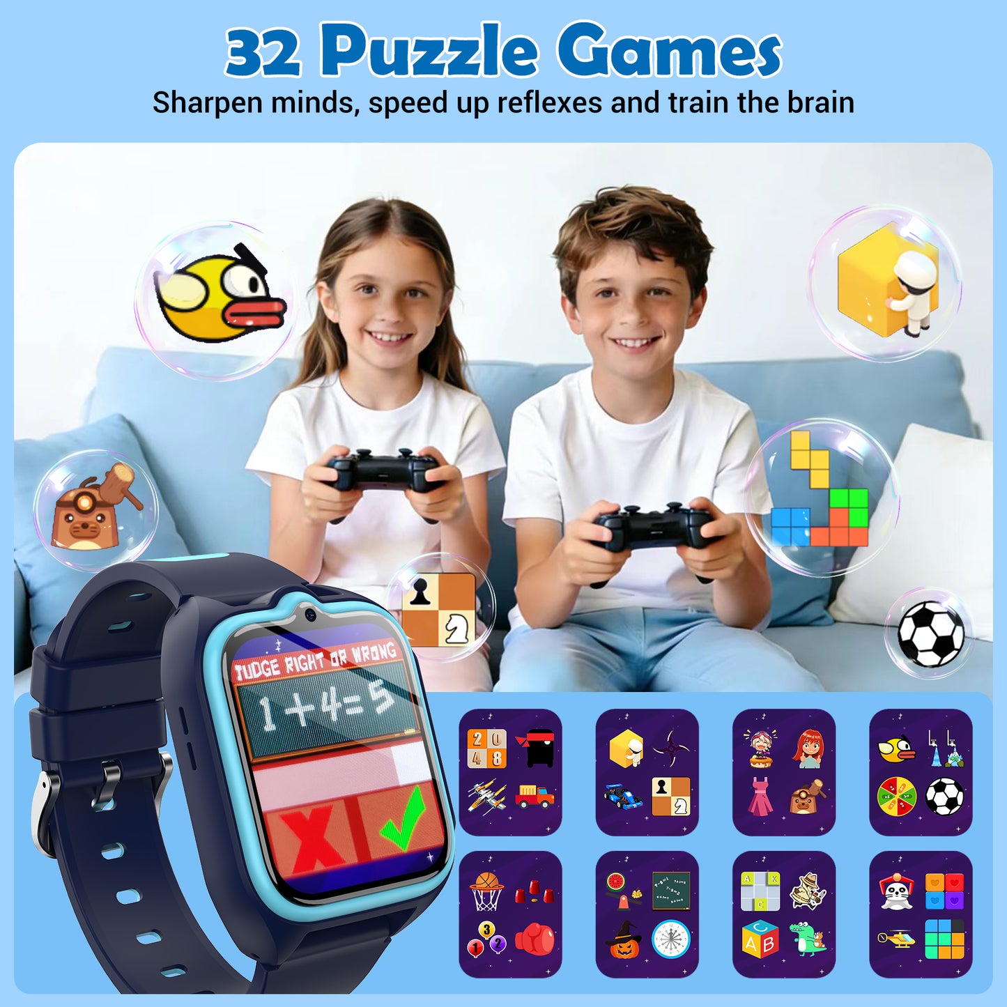 IOWODO Kids Smart Watch,1.75" Touch Screen Watch with 32 Games, Camera, Music Player, Pedometer, Parental Controls, IP68 Waterproof, No App No Phone Needed, Blue