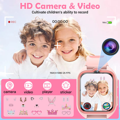 IOWODO Kids Smart Watch, 1.75" Touch Screen Watch with 32 Games, Camera, Music Player, Pedometer, Parental Controls, IP68 Waterproof, No App No Phone Needed,Pink