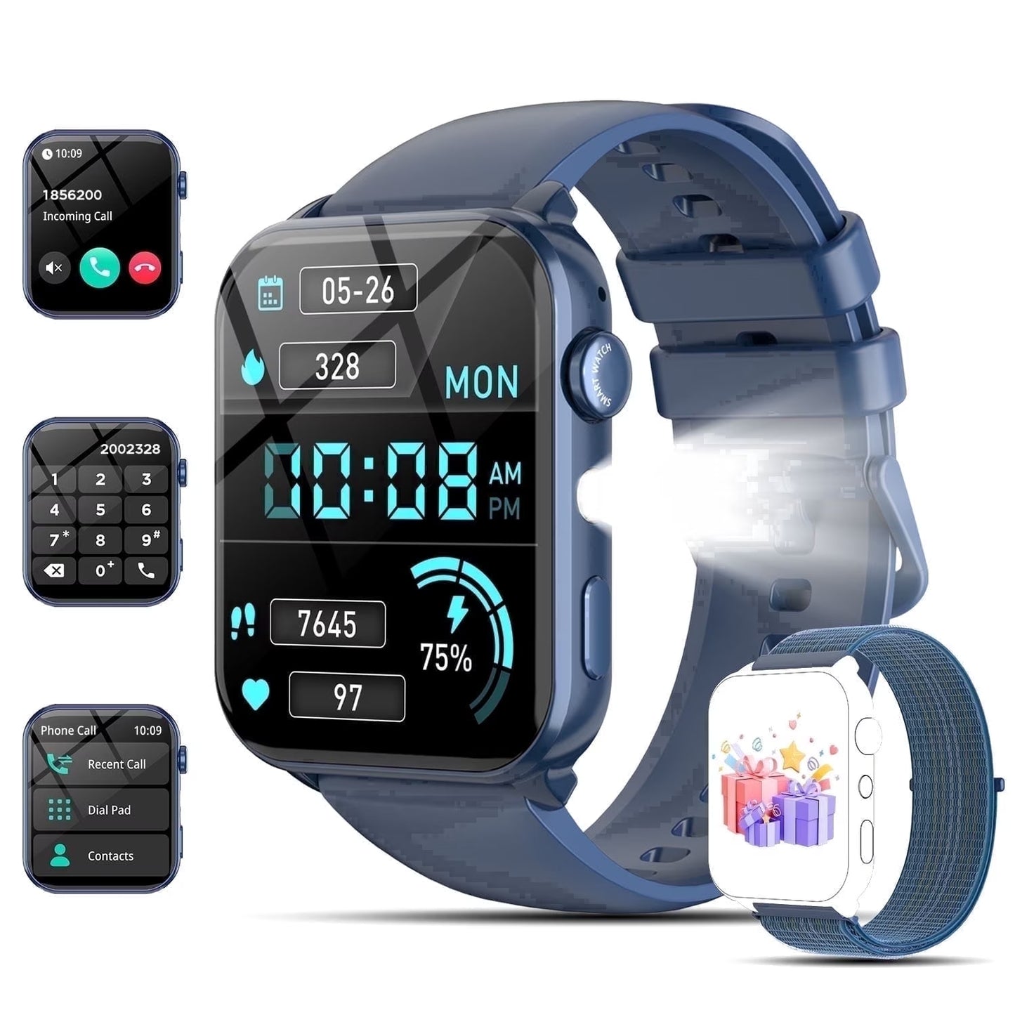 IOWODO Smart Watch for Women Men, 1.91'' Fitness Tracker with Bluetooth Calling, AI Voice, 100+ Sports Modes, Digital Watch for Android & Iphone, Blue