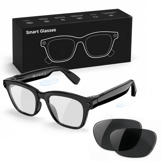 AI Smart Glasses with 8MP Camera, Photochromic Glasses with 1200P Video Recording, AI Voice Assistant, Translation, Bluetooth 5.4 Open-Ear Audio, Extra Sunglass Lenses Included