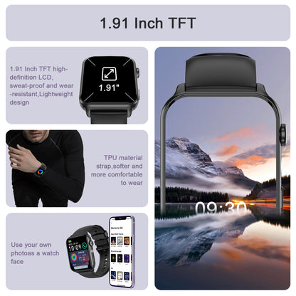 IOWODO R30MAX Unisex Smartwatch: 1.91" LED Screen, Bluetooth Calls, 100+ Sports Modes, IP68 Waterproof, 6-Day Battery, iOS/Android, Black