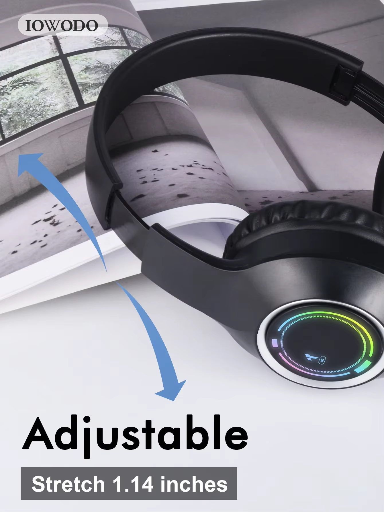 IOWODO Wireless Headphones Bluetooth 5.3, Active Noise Cancelling Over Ear Headphones with RGB Lights, HiFi Stereo Sound, Low Latency, Type-C Fast Charging for Travel, Gaming & Music