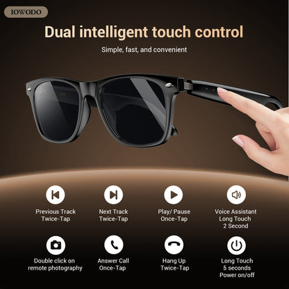 IOWODO D1 Smart Glasses, Polarized Bluetooth Sunglasses with Speaker, Voice Control, UV Protection, Anti Blue Light Lens
