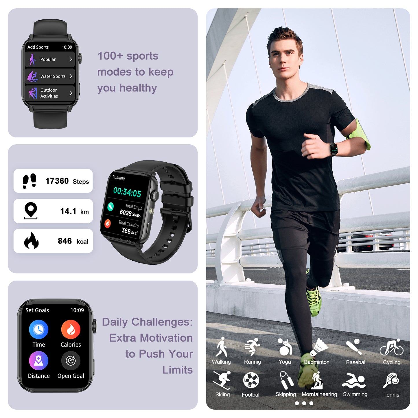 IOWODO R30MAX Unisex Smartwatch: 1.91" LED Screen, Bluetooth Calls, 100+ Sports Modes, IP68 Waterproof, 6-Day Battery, iOS/Android, Black