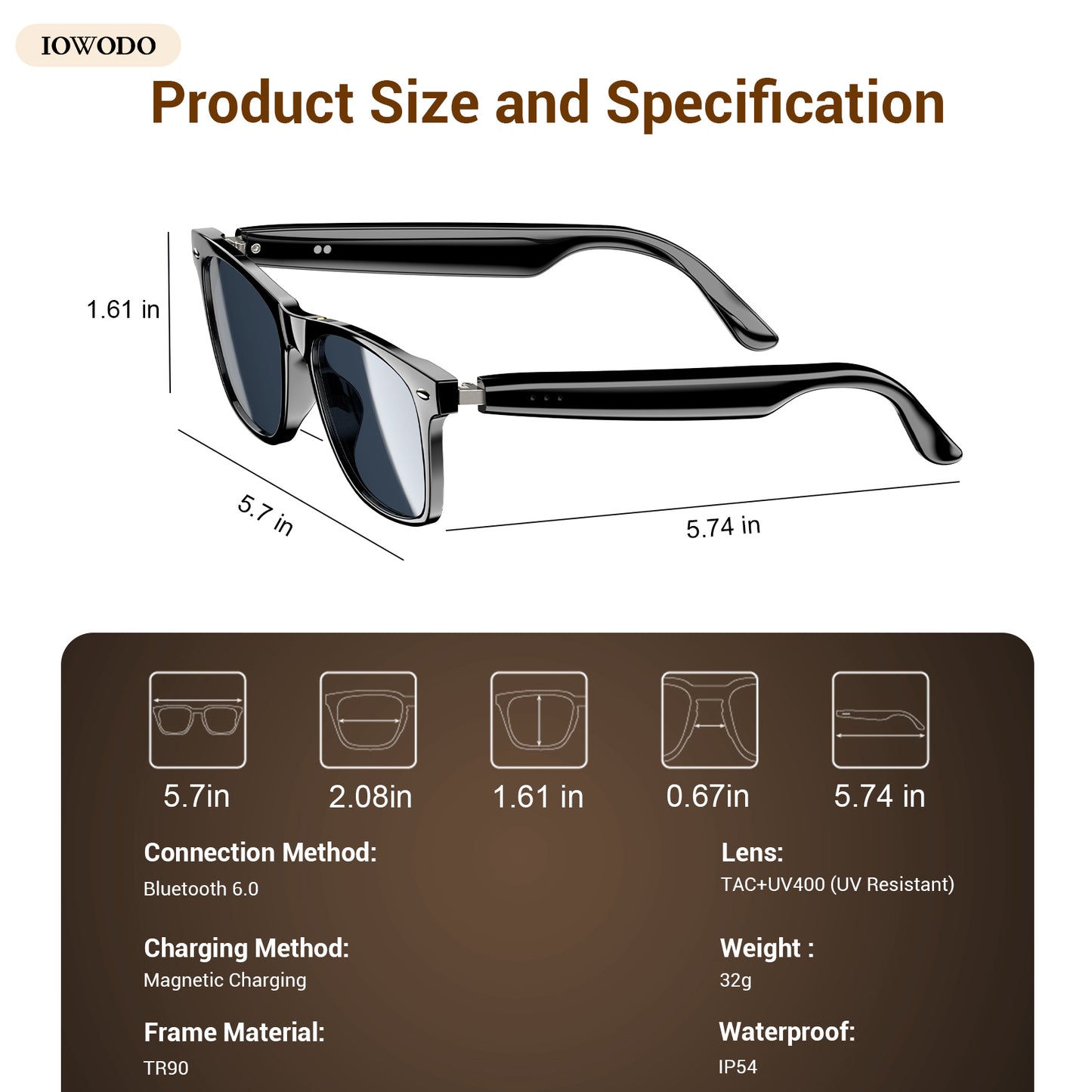 IOWODO D1 Smart Glasses, Polarized Bluetooth Sunglasses with Speaker, Voice Control, UV Protection, Anti Blue Light Lens