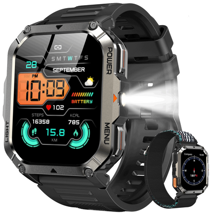 IOWODO W70PRO Titanium Military Smartwatch: 2.01" Screen, 900mAh Battery (100 Days), Bluetooth Calls, Flashlight/Compass, IP68, 123 Sports Modes,Black