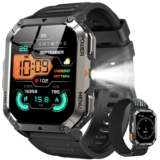 IOWODO W70PRO Titanium Military Smartwatch: 2.01" Screen, 900mAh Battery (100 Days), Bluetooth Calls, Flashlight/Compass, IP68, 123 Sports Modes,Black
