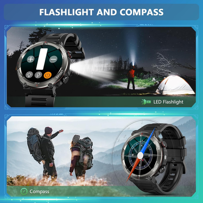 Baolubao Military Smart Watch for Men, 100 Days Battery/Led Flashlight/Compass/2 Straps/IP68 Waterproof Smart Watches for Men,  Tactical Smart Watch Outdoor, Answer/Make Calls Fitness Tracker for iPhone/Android