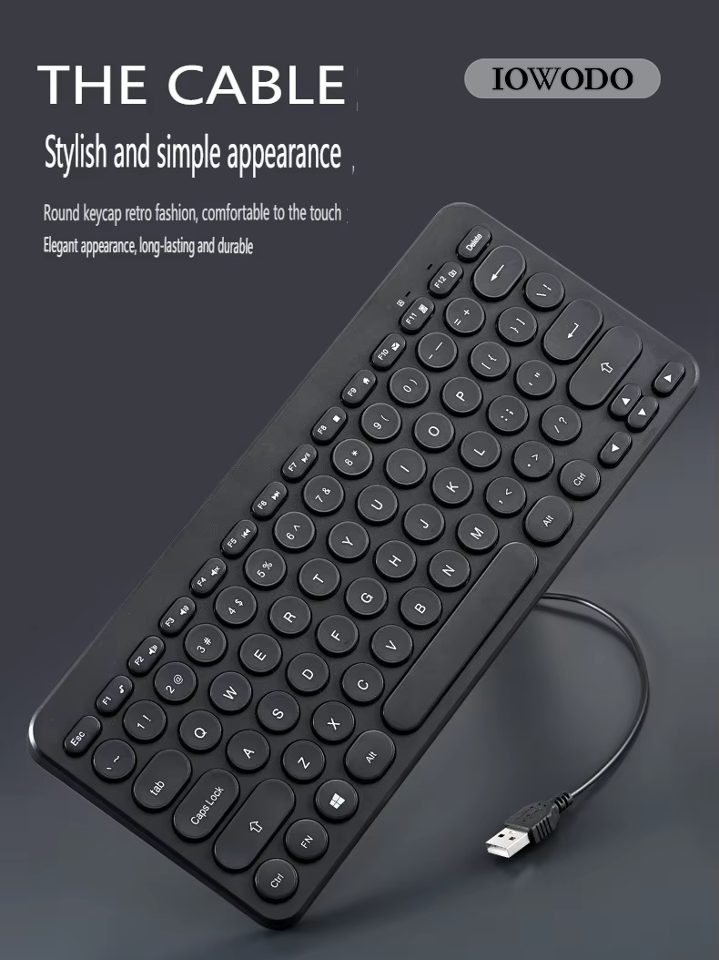 IOWODO Retro Round Keycap Wired Keyboard – Ultra-Slim, Quiet & Universal Compatibility for Office & Home