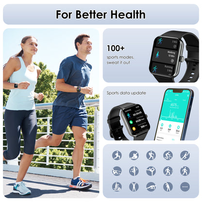 IOWODO R50 Smartwatch: 1.85" HD Screen, Bluetooth Calls, 100+ Sports Modes, Heart Rate/Sleep Monitor, IP68 Waterproof, 5-Day Battery,Black
