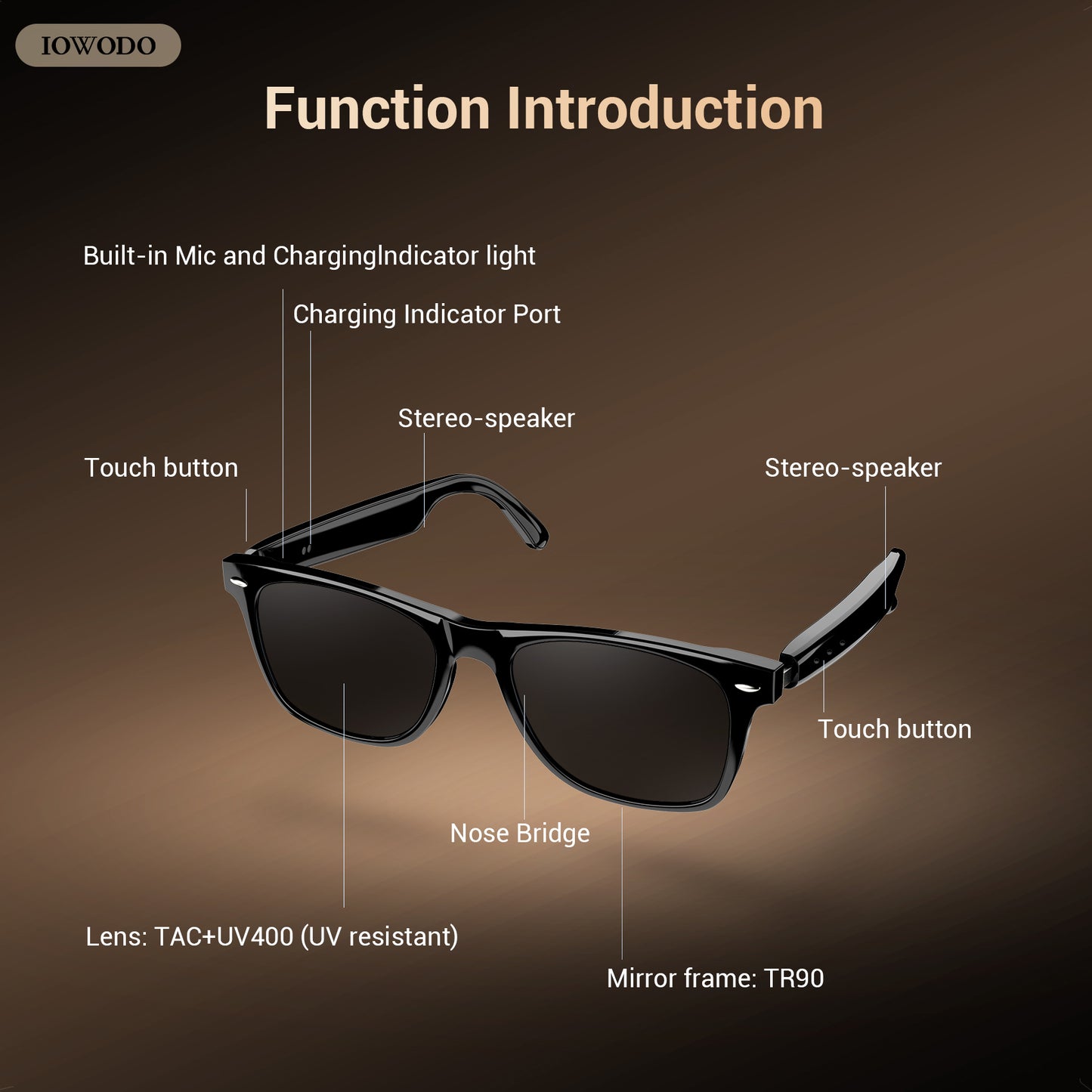 IOWODO D1 Smart Glasses, Polarized Bluetooth Sunglasses with Speaker, Voice Control, UV Protection, Anti Blue Light Lens