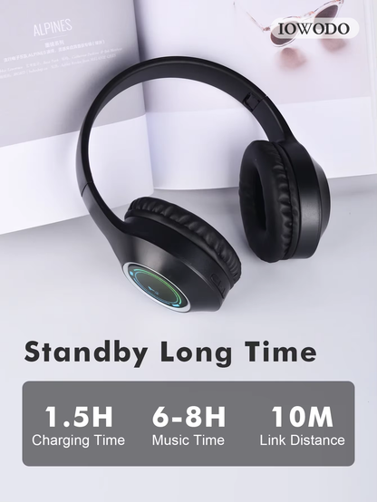 IOWODO Wireless Headphones Bluetooth 5.3, Active Noise Cancelling Over Ear Headphones with RGB Lights, HiFi Stereo Sound, Low Latency, Type-C Fast Charging for Travel, Gaming & Music