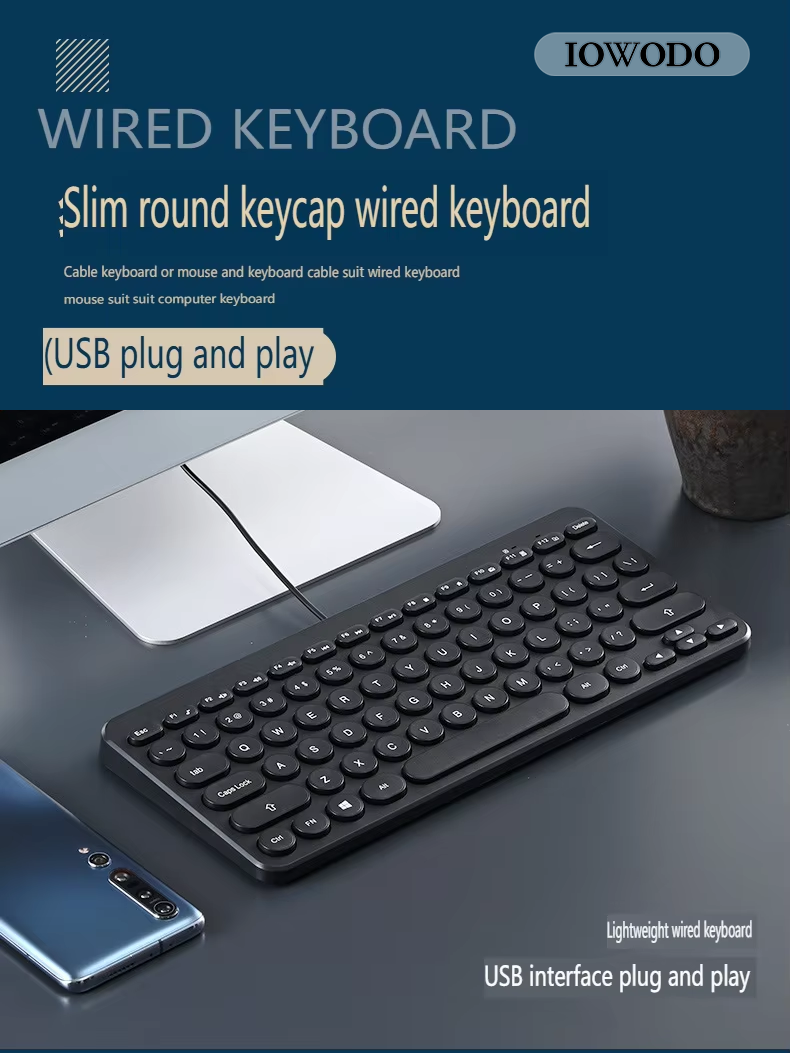 IOWODO Retro Round Keycap Wired Keyboard – Ultra-Slim, Quiet & Universal Compatibility for Office & Home