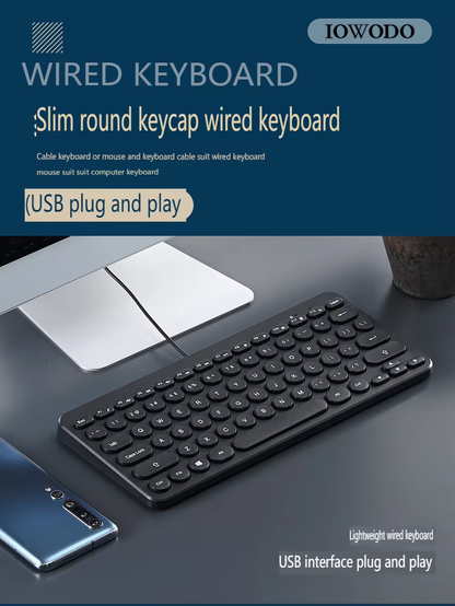 IOWODO Retro Round Keycap Wired Keyboard – Ultra-Slim, Quiet & Universal Compatibility for Office & Home