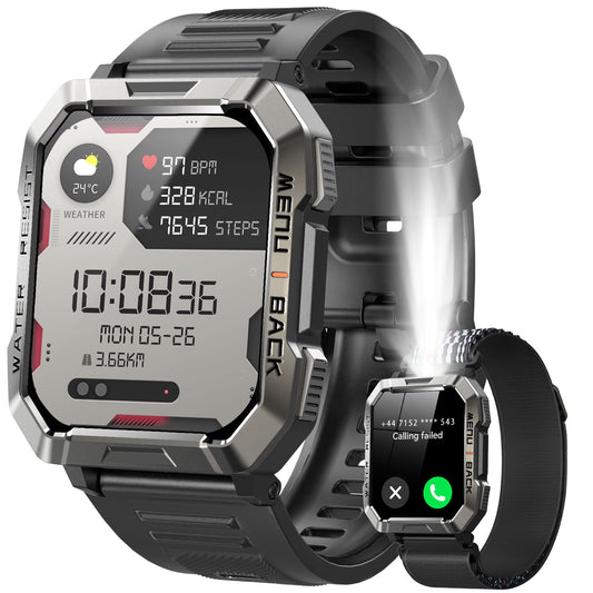 IOWODO W60 Military Smartwatch: 2.01" Big Screen, 100-Day Battery, Bluetooth Calls, Flashlight/Compass, 100+ Sports Modes, IP68 (2 Straps),Black