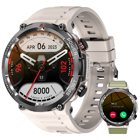 IOWODO W50 Military Smartwatch: Bluetooth Calls, 1.39" HD Screen, 100+ Sports Modes, Heart Rate/SpO2/Sleep Monitor, 7-Day Battery, IP68 (2 Straps),Khaki