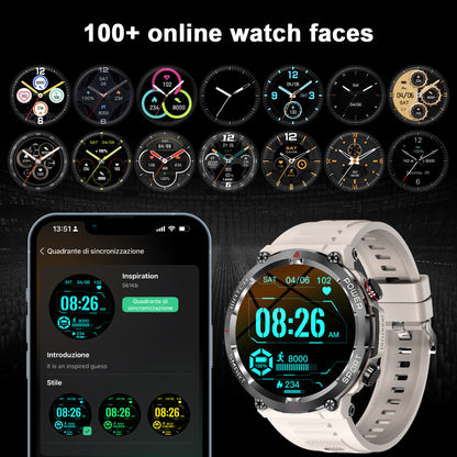 IOWODO W50 Military Smartwatch: Bluetooth Calls, 1.39" HD Screen, 100+ Sports Modes, Heart Rate/SpO2/Sleep Monitor, 7-Day Battery, IP68 (2 Straps),Khaki