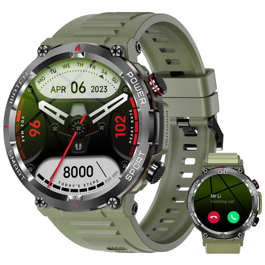 IOWODO W50 Military Smartwatch: Bluetooth Calls, 1.39" HD Screen, 100+ Sports Modes, Heart Rate/SpO2/Sleep Monitor, 7-Day Battery, IP68 (2 Straps),Green