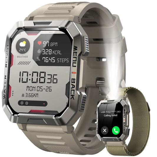 IOWODO W60 Militär-Smartwatch: 2,01 Zoll großer Bildschirm, 100-Tage-Akku, Bluetooth-Anrufe, Taschenlampe/Kompass, über 100 Sportmodi, IP68 (2 Armbänder), Khaki