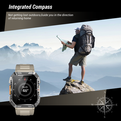 IOWODO W60 Militär-Smartwatch: 2,01 Zoll großer Bildschirm, 100-Tage-Akku, Bluetooth-Anrufe, Taschenlampe/Kompass, über 100 Sportmodi, IP68 (2 Armbänder), Khaki
