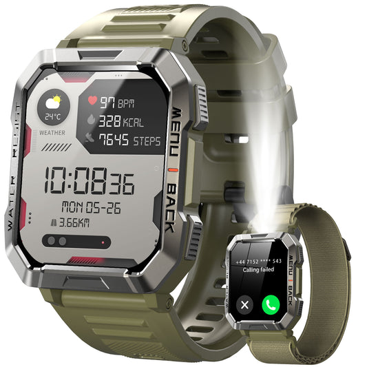 IOWODO W60 Militär-Smartwatch: 2,01 Zoll großer Bildschirm, 100-Tage-Akku, Bluetooth-Anrufe, Taschenlampe/Kompass, über 100 Sportmodi, IP68 (2 Armbänder), Grün