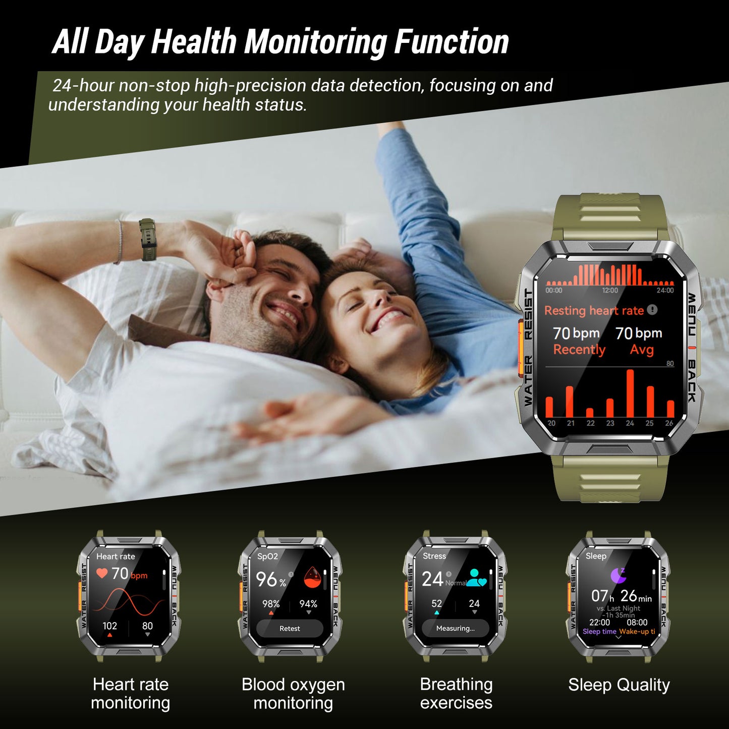 IOWODO W60 Militär-Smartwatch: 2,01 Zoll großer Bildschirm, 100-Tage-Akku, Bluetooth-Anrufe, Taschenlampe/Kompass, über 100 Sportmodi, IP68 (2 Armbänder), Grün