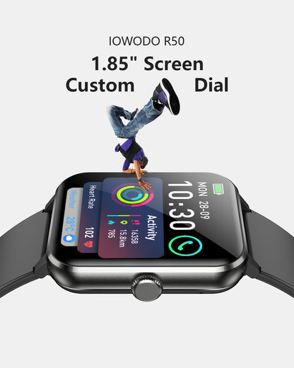 IOWODO R50Pro Smartwatch: 1,85 Zoll HD-Touchscreen, Bluetooth-Anrufe, über 100 Sportmodi, Herzfrequenz-/SpO2-/Schlafüberwachung, IP68 wasserdicht, 5-Tage-Akku, Schwarz