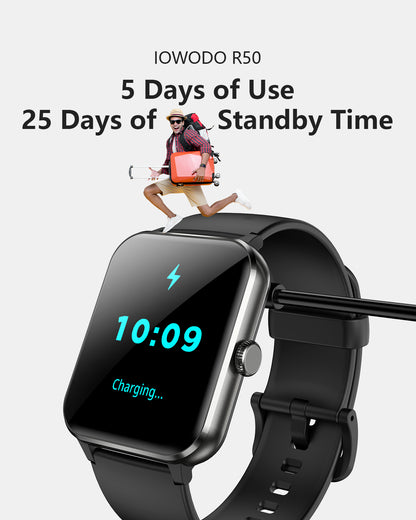 IOWODO R50Pro Smartwatch: 1,85 Zoll HD-Touchscreen, Bluetooth-Anrufe, über 100 Sportmodi, Herzfrequenz-/SpO2-/Schlafüberwachung, IP68 wasserdicht, 5-Tage-Akku, Schwarz