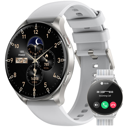 IOWODO W40 Smart Watch with AMOLED Screen, Bluetooth Call, 7-Day Battery, 110+ Sports Modes, Heart Rate/SpO2 Monitor, IP68 Waterproof (Round Dial), Silver