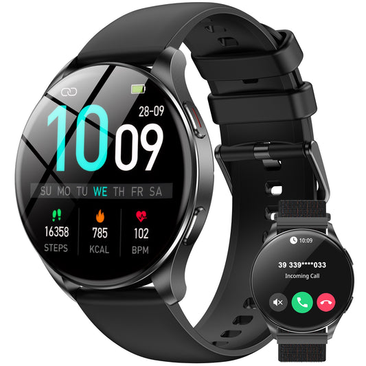 IOWODO W40 Smart Watch with AMOLED Screen, Bluetooth Call, 7-Day Battery, 110+ Sports Modes, Heart Rate/SpO2 Monitor, IP68 Waterproof (Round Dial), Black