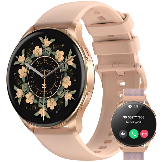 IOWODO W40 Smart Watch with AMOLED Screen, Bluetooth Call, 7-Day Battery, 110+ Sports Modes, Heart Rate/SpO2 Monitor, IP68 Waterproof (Round Dial), Gold