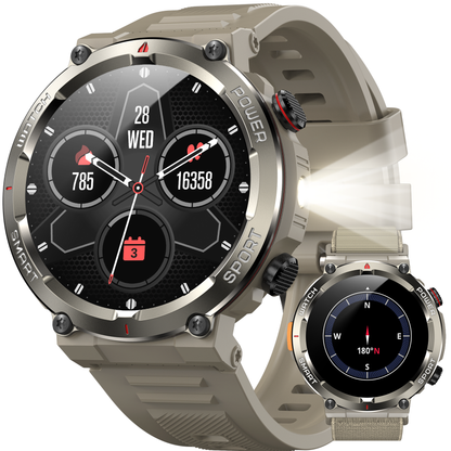 IOWODO W50PRO Militär-Smartwatch: 30-Tage-Akku, 1,45-Zoll-Bildschirm, Bluetooth-Anruf, Taschenlampe, Kompass, 120 Sportmodi, IP68 wasserdicht, Khaki