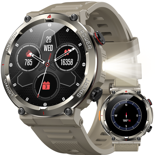 IOWODO W50PRO Militär-Smartwatch: 30-Tage-Akku, 1,45-Zoll-Bildschirm, Bluetooth-Anruf, Taschenlampe, Kompass, 120 Sportmodi, IP68 wasserdicht, Khaki