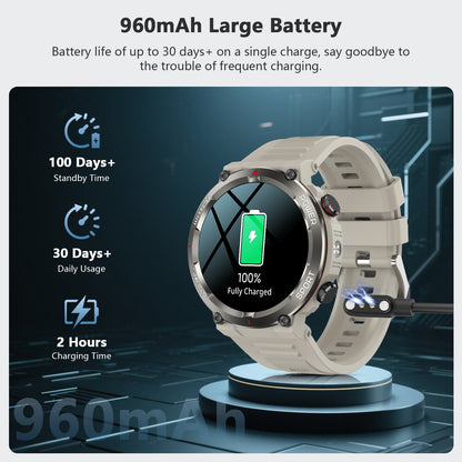IOWODO W50PRO Militär-Smartwatch: 30-Tage-Akku, 1,45-Zoll-Bildschirm, Bluetooth-Anruf, Taschenlampe, Kompass, 120 Sportmodi, IP68 wasserdicht, Khaki