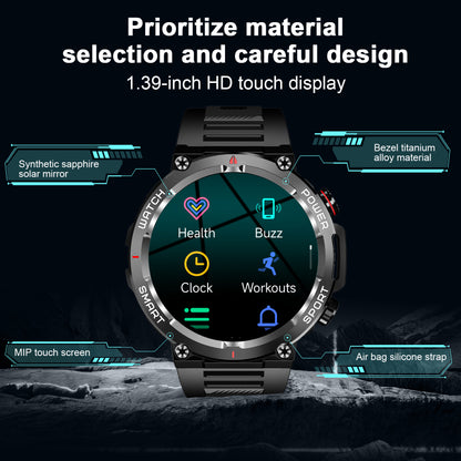 IOWODO W50 Military Smartwatch: Bluetooth Calls, 1.39" HD Screen, 100+ Sports Modes, Heart Rate/SpO2/Sleep Monitor, 7-Day Battery, IP68 (2 Straps),Black